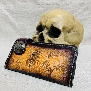 Floral Tooled Sunburst Genuine Leather Wallet with Concho Snap